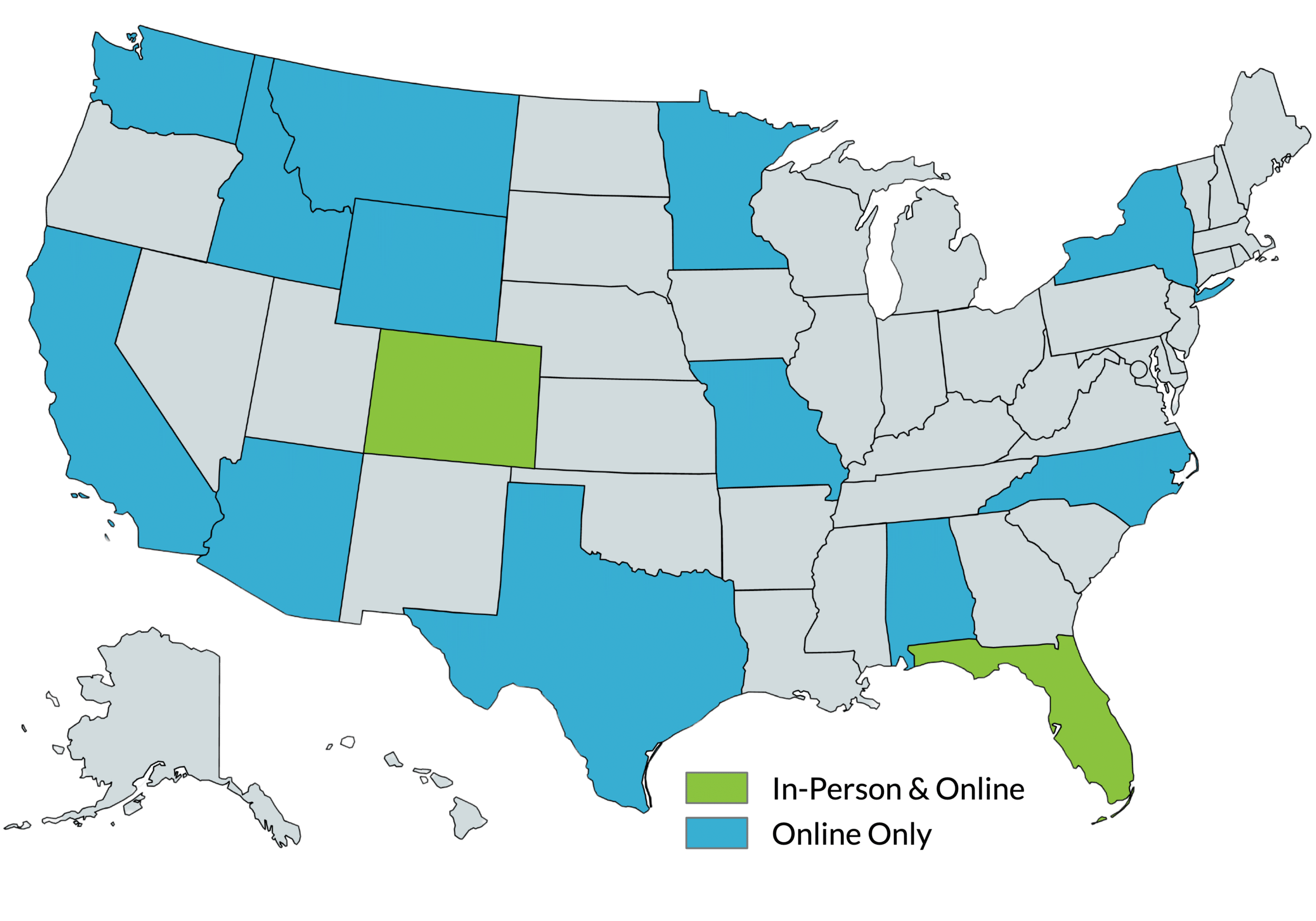 Map of Cornerstone Christian Counseling Locations and Online Counseling States