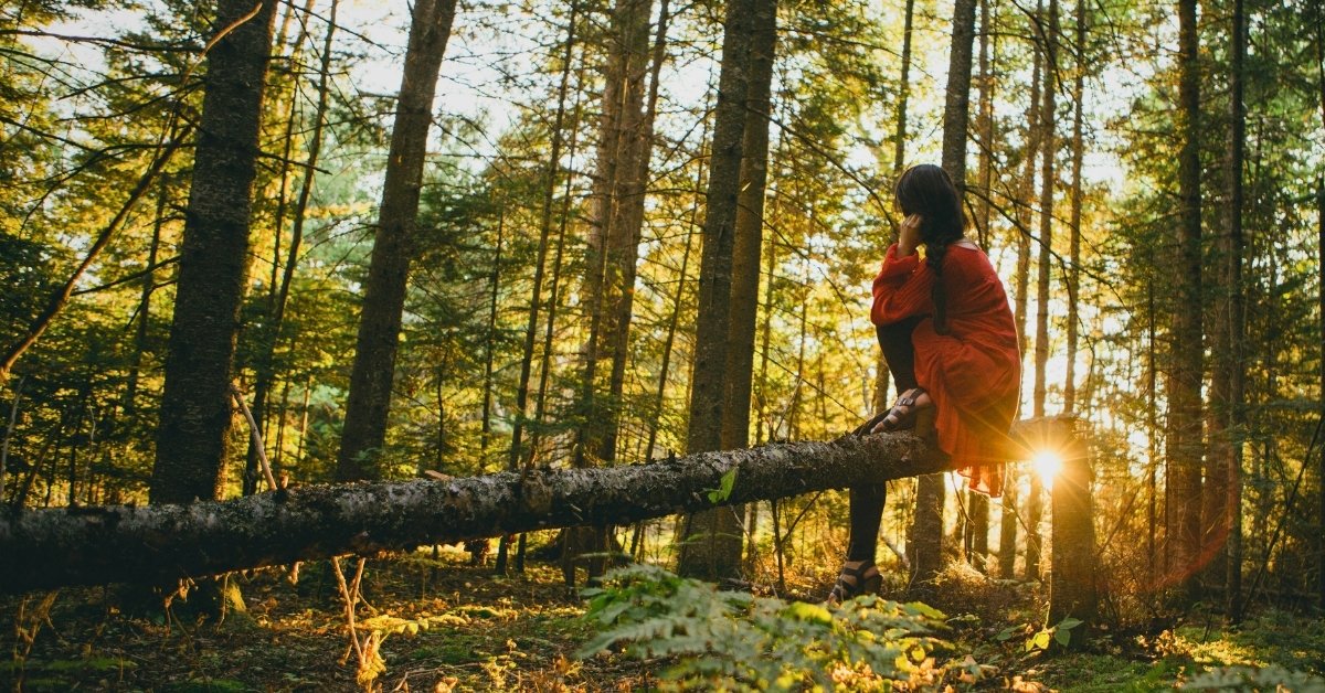 Woman in red dress and black leggings with dark, long braid and black sandals. She is in a forest, facing away from the camera while perched on a fallen tree a few feet above the ground while the sun is rising.