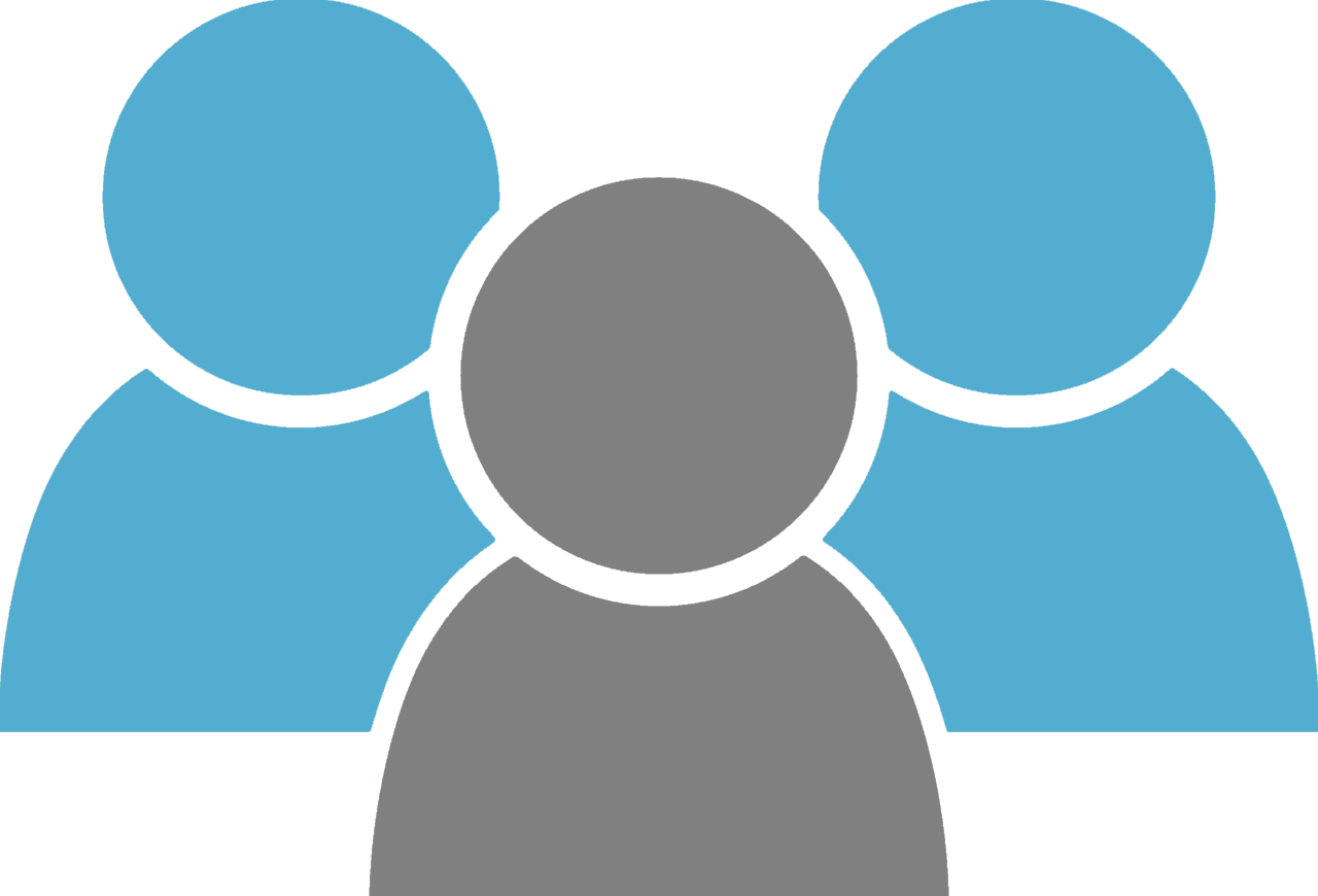 icon with 3 people where the person in the front and center is gray and the two people on the sides are blue