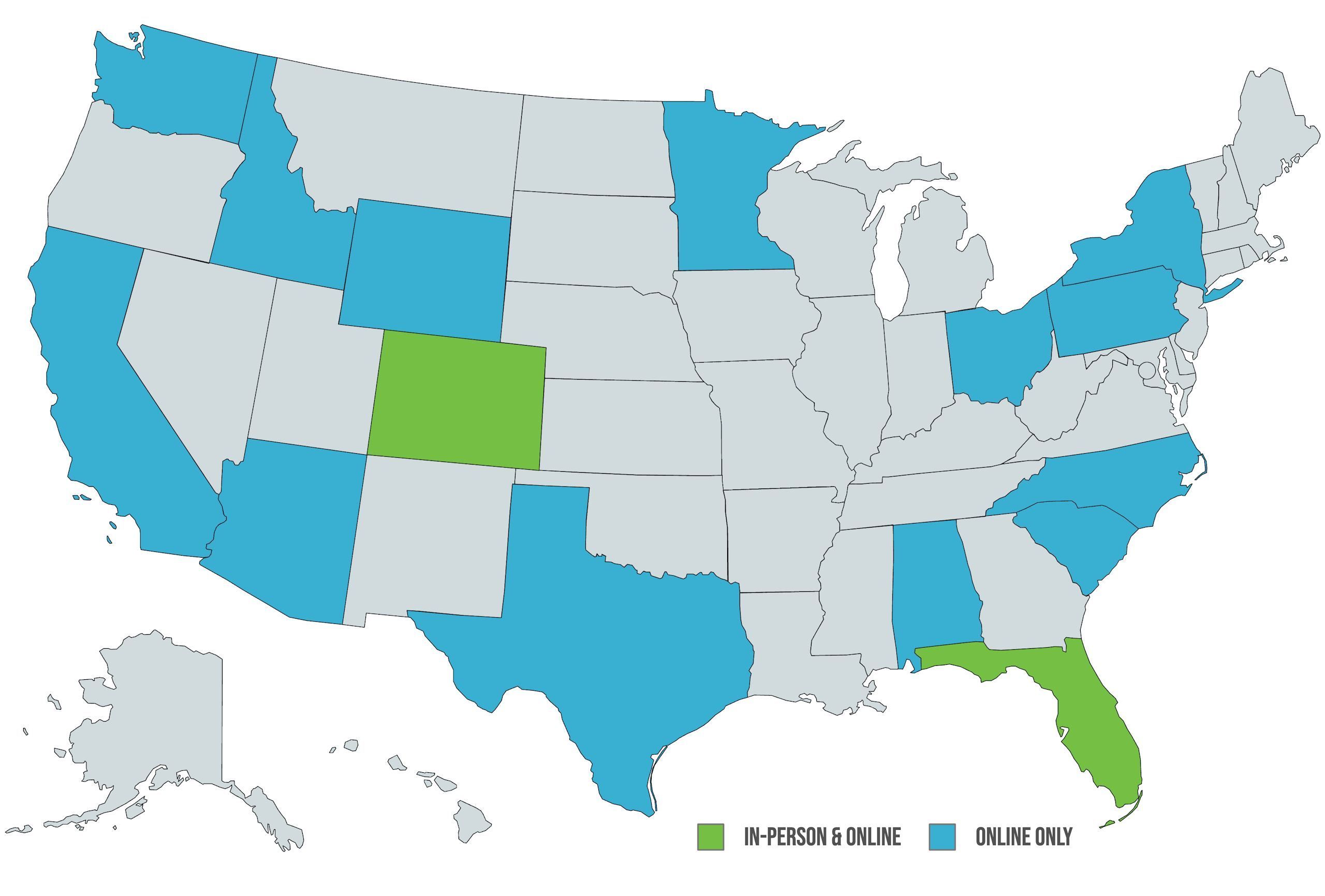 US map of all states that Cornerstone Christian Counseling serves (via in-person or online therapy)