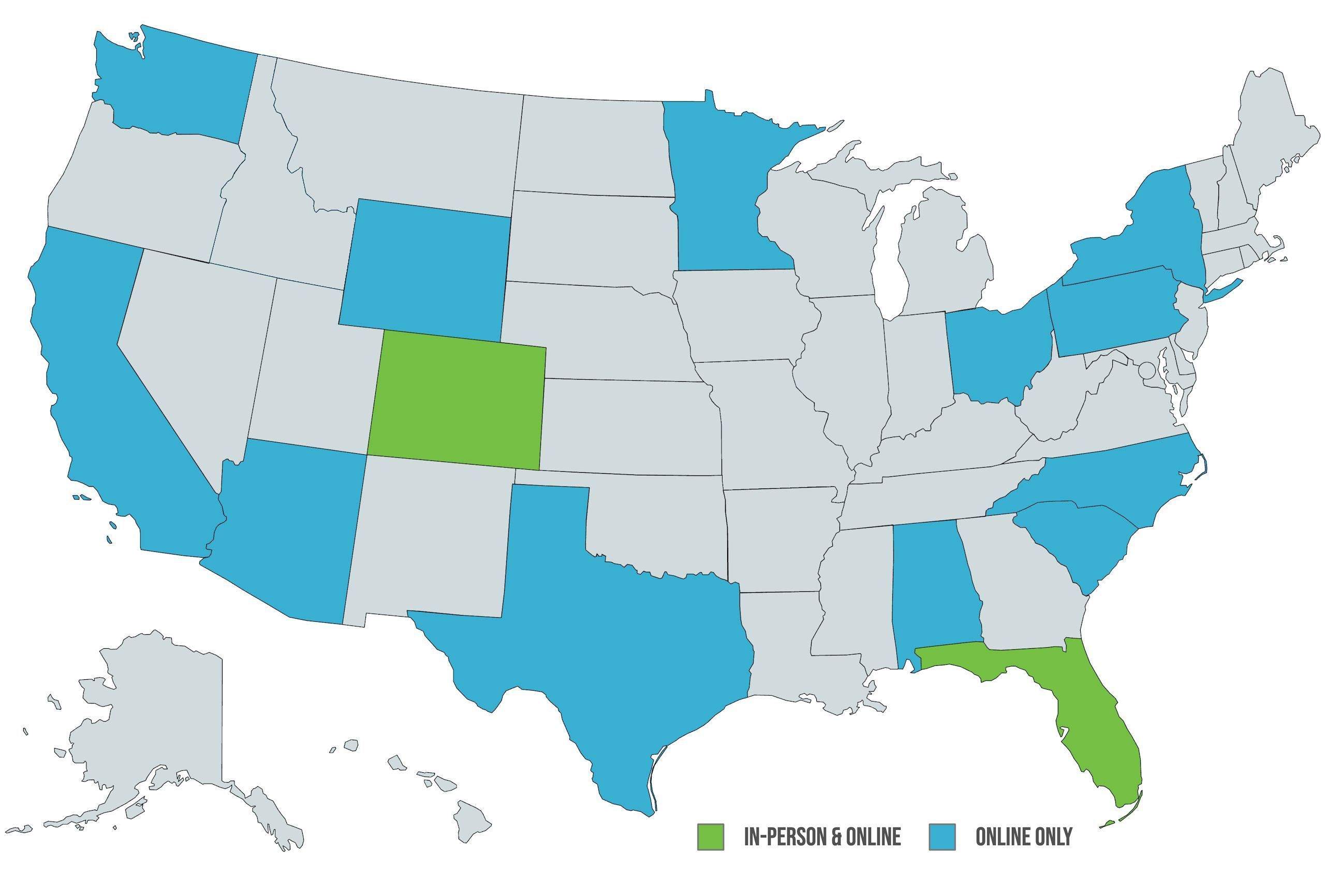US Map of the states where Cornerstone Christian Counseling is licensed to offer therapy services