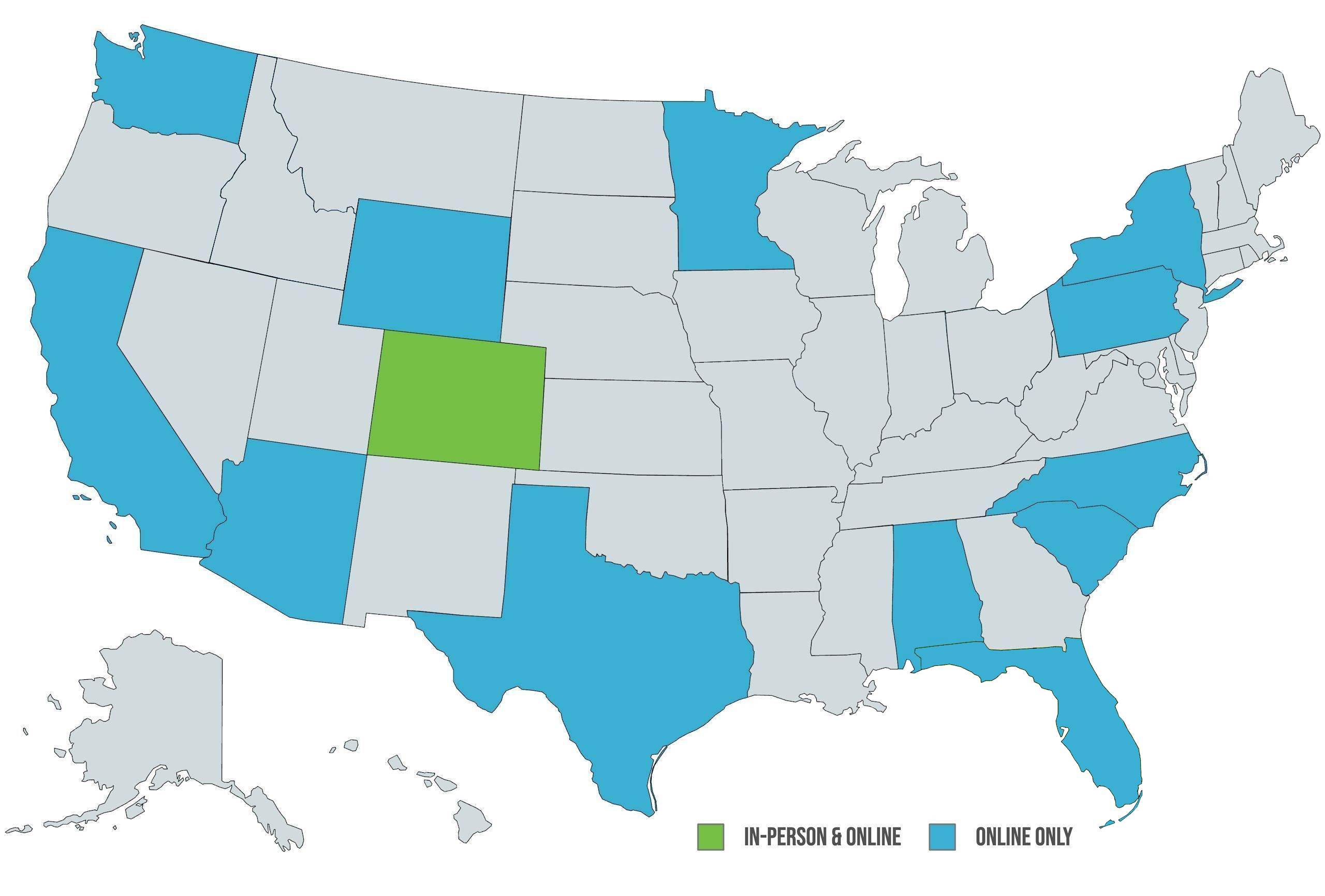 US Map of the states where Cornerstone Christian Counseling is licensed to offer therapy services