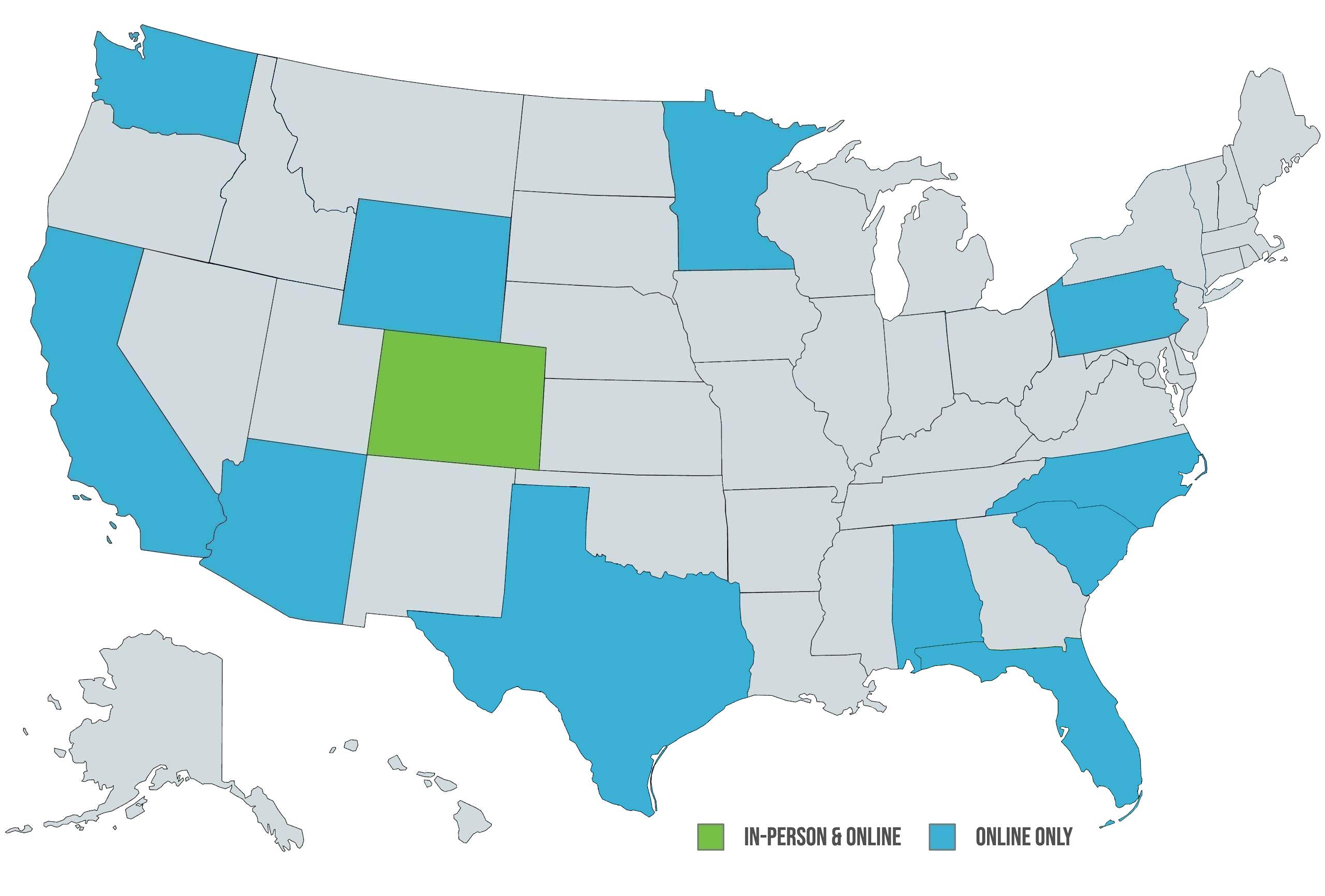 US Map of the states where Cornerstone Christian Counseling is licensed to offer therapy services