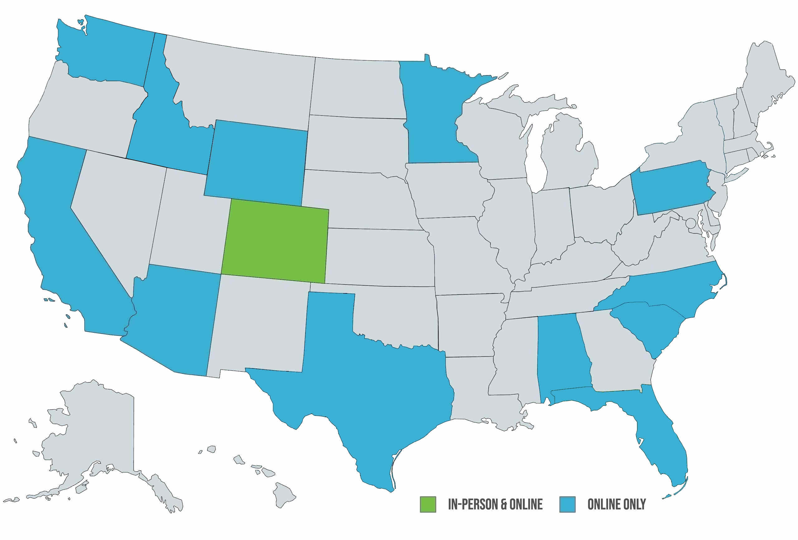 US Map of the states where Cornerstone Christian Counseling is licensed to offer therapy services