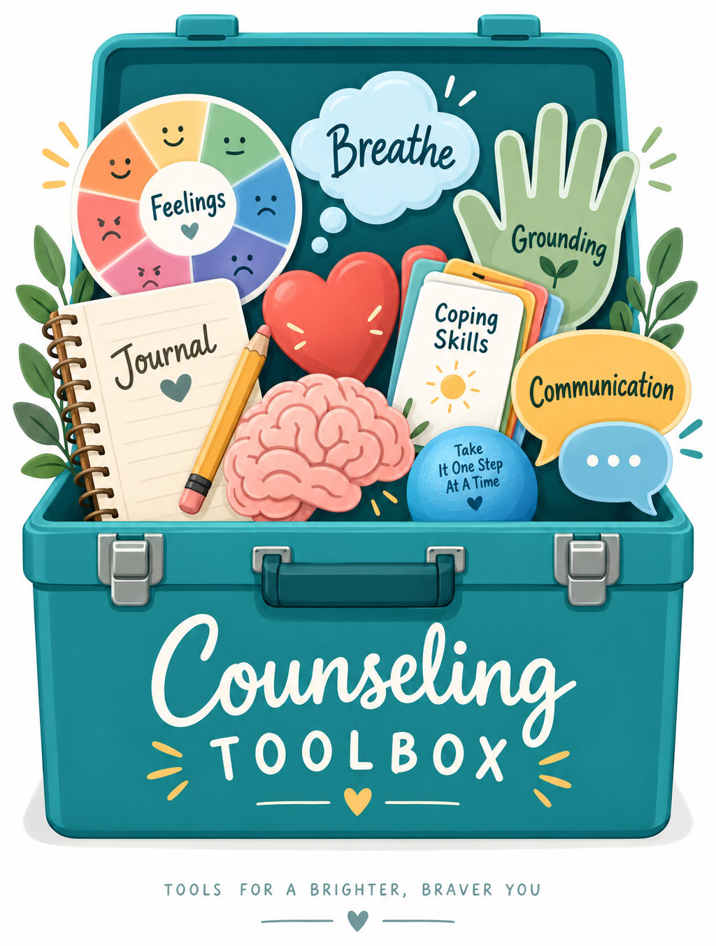 Illustration of a counseling tool box, containing visualized things that therapists recommend for calming down, such as breathing, journaling, grounding, coping skills, and more