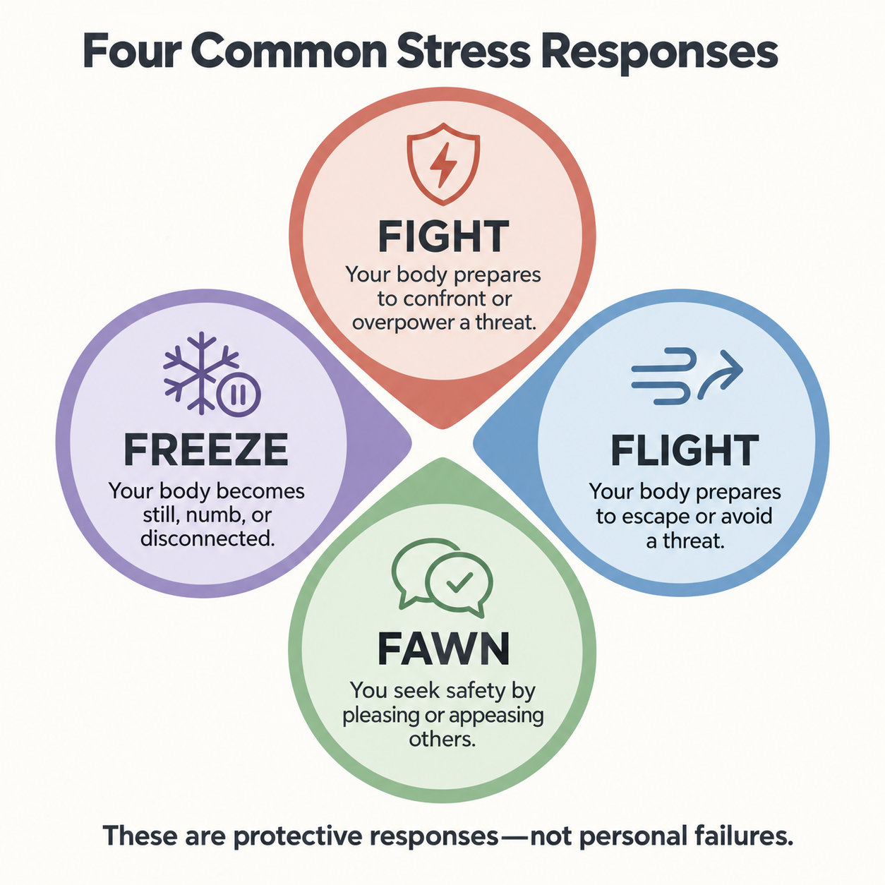 A diagram of the Four Common Stress Responses - Fight, Flight, Freeze, and Fawn