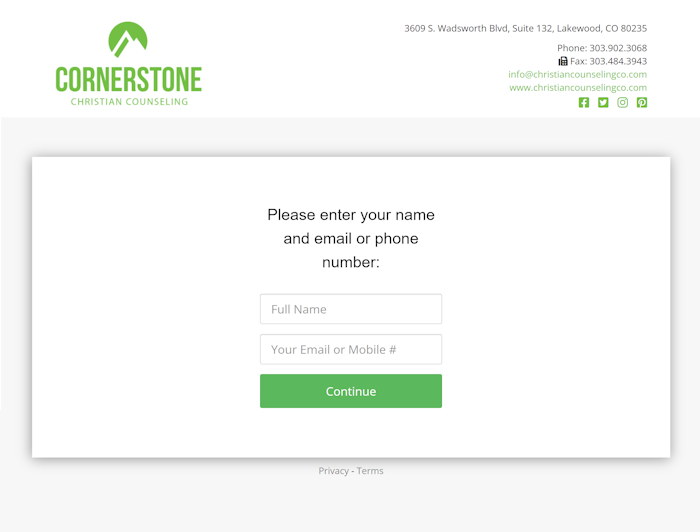 Screenshot of Cornerstone Christian Counseling's secure online portal, used for updating credit card information