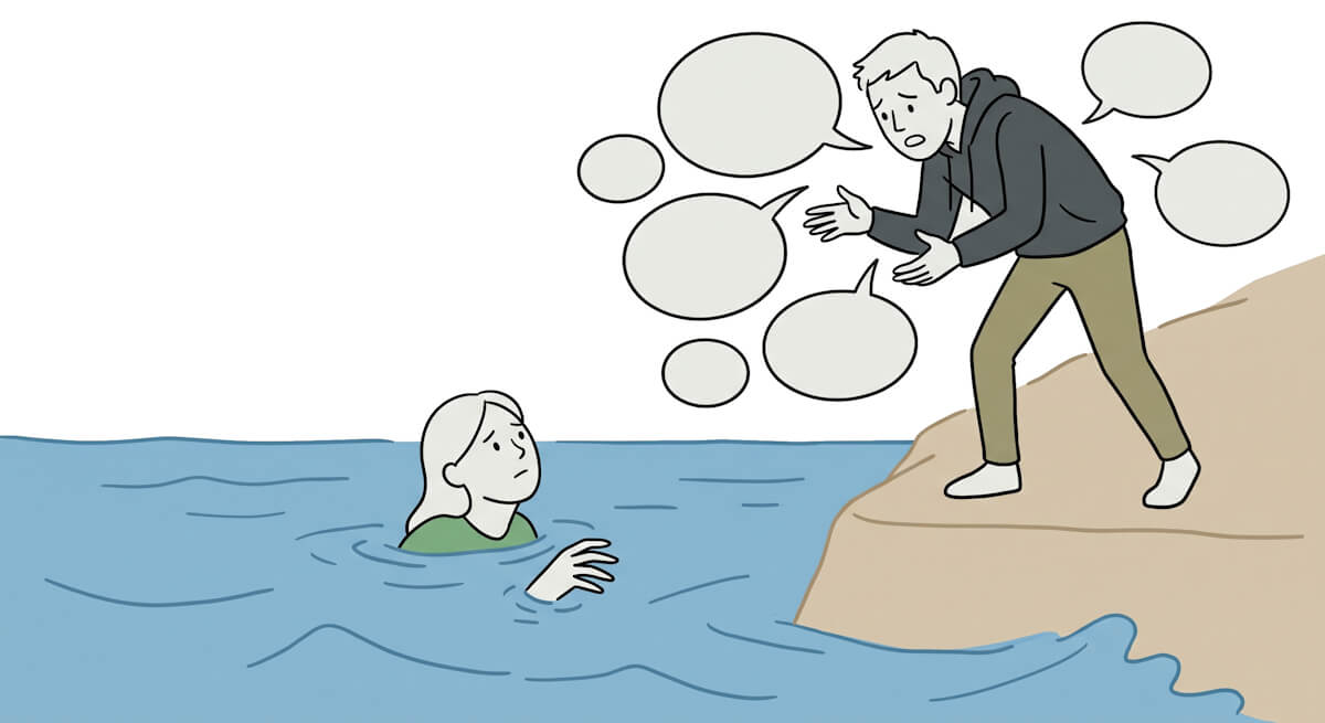 illustration of a husband standing on land, talking a lot about his point of view, while his wife is slowly sinking in the water, experiencing emotional flooding