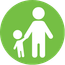 lime green circle with a white icon of a parent holding a young child's hand