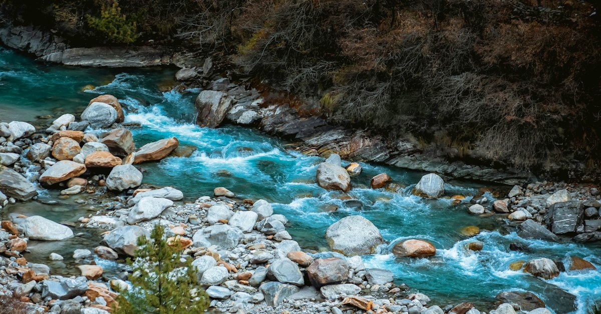 vivid blue river with rapids with rocks on one bank and shadowed trees on the other bank
