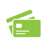 lime green icon of credit cards (front and back) on a white circle