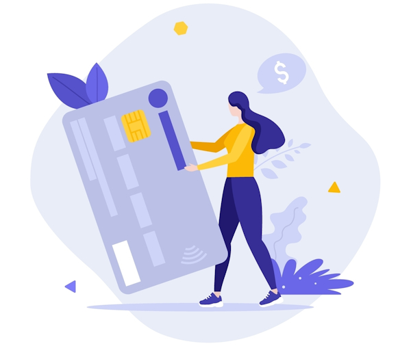 concept illustration of a woman holding a large human-sized credit card with a speech bubble that has a dollar sign