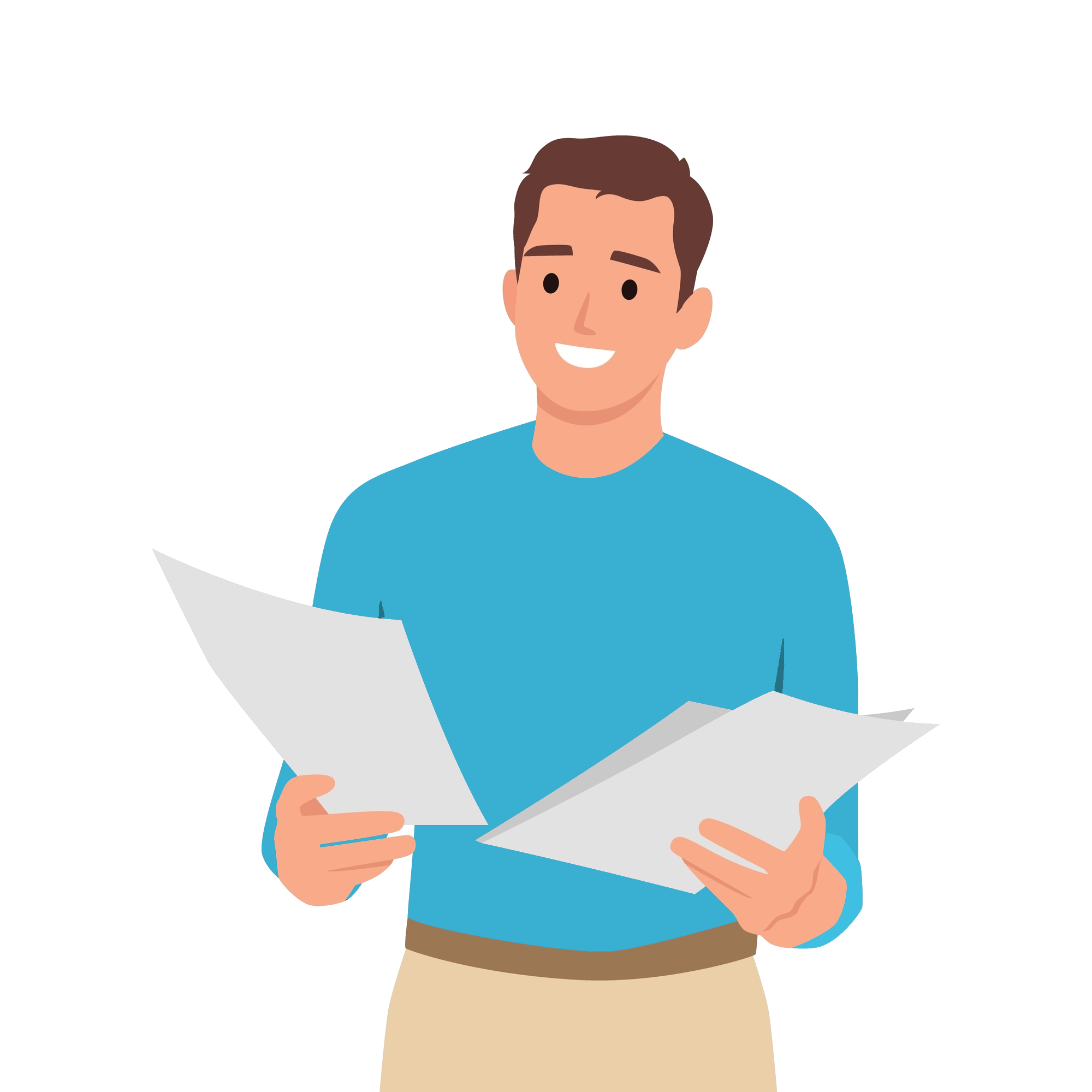 illustration of smiling brown-haired man in blue shirt and khakis holding superbills