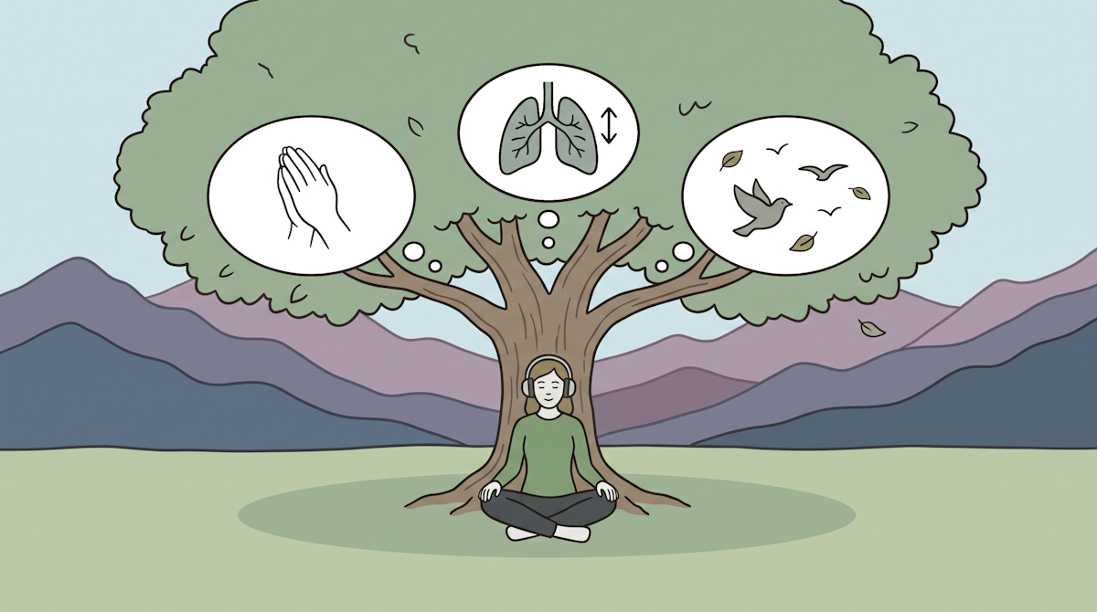 illustration of a woman wearing headphones while sitting cross-legged under a large green tree in front of purple mountains, calming her self with thoughts of praying, breathing, and enjoying nature