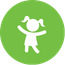 lime green circle with a white icon of a young girl with pigtails raising her arms